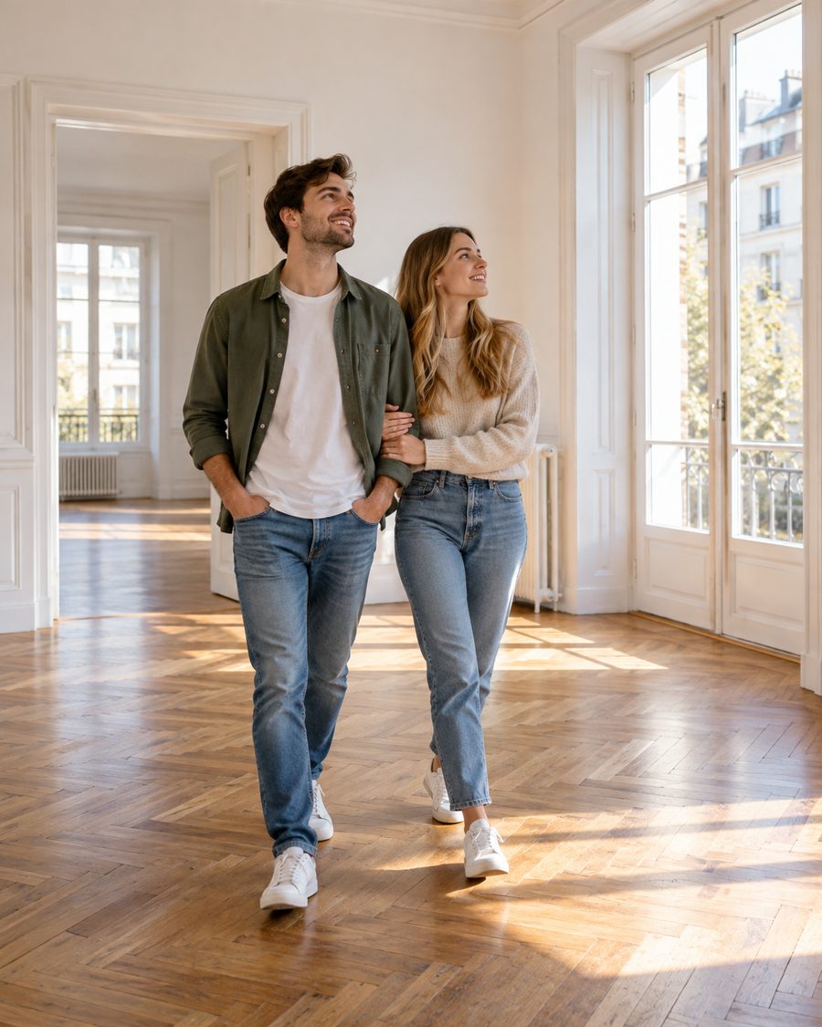 Couple d’acquéreurs visitant un logement lumineux, visuel d’illustration