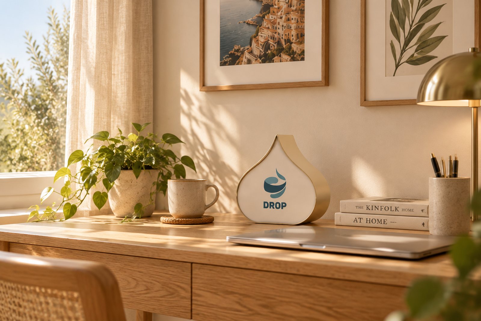 Le capteur DROP posé sur un bureau dans un logement, visuel d’illustration