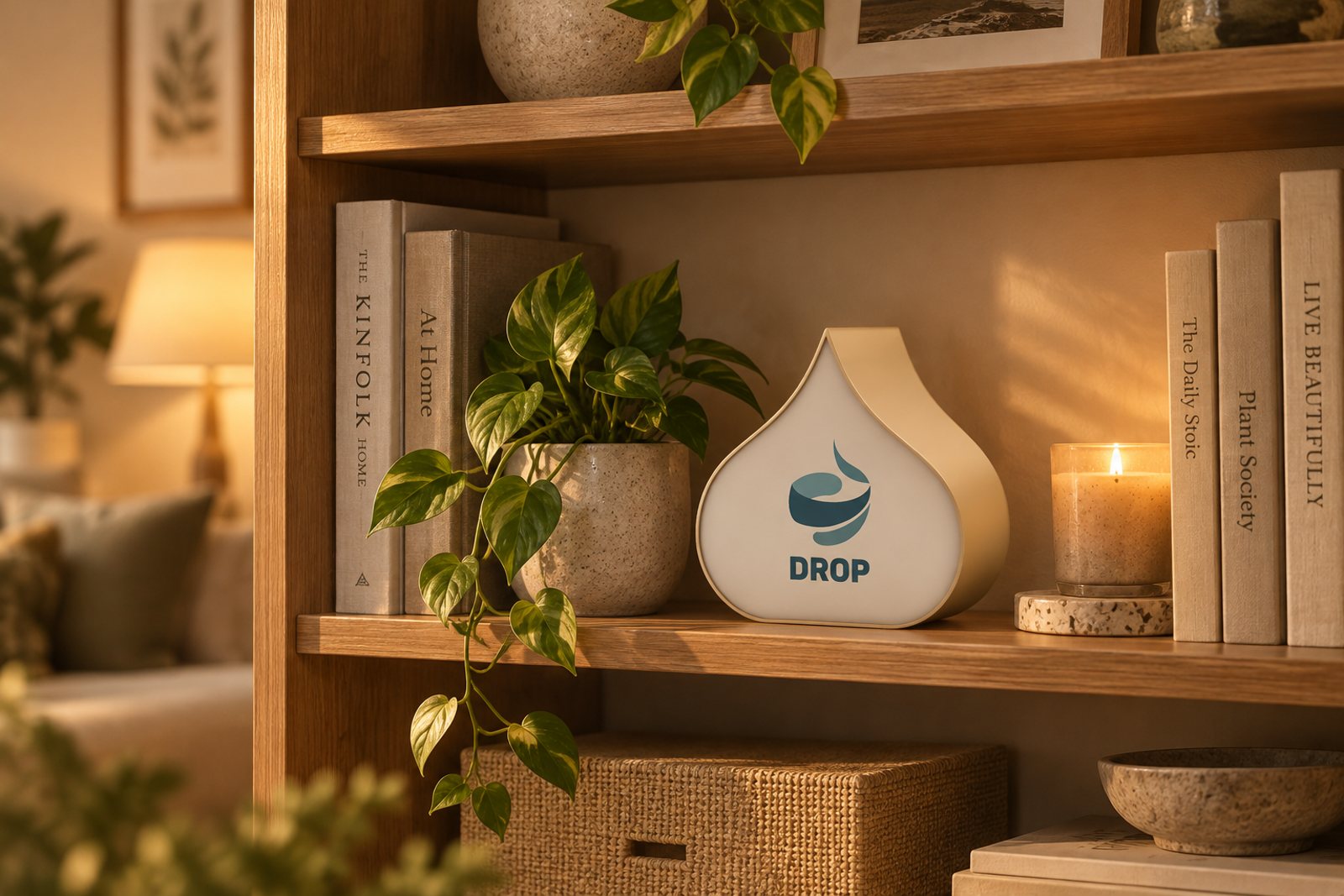 Le capteur DROP sur une étagère dans un salon, visuel d’illustration
