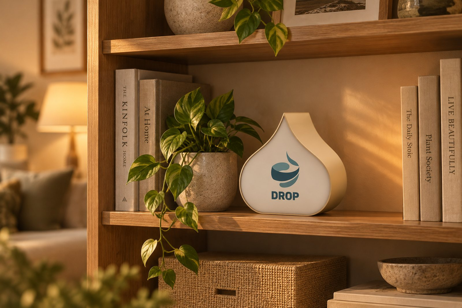 Le capteur DROP sur une étagère dans un salon, visuel d’illustration
